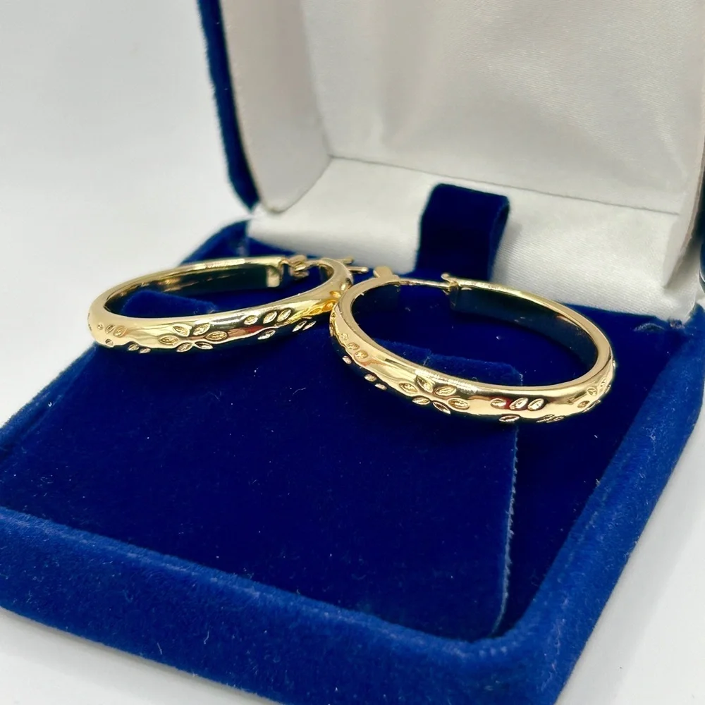 New 12k Gold Embossed Hoop Earrings - Picture 3 of 7